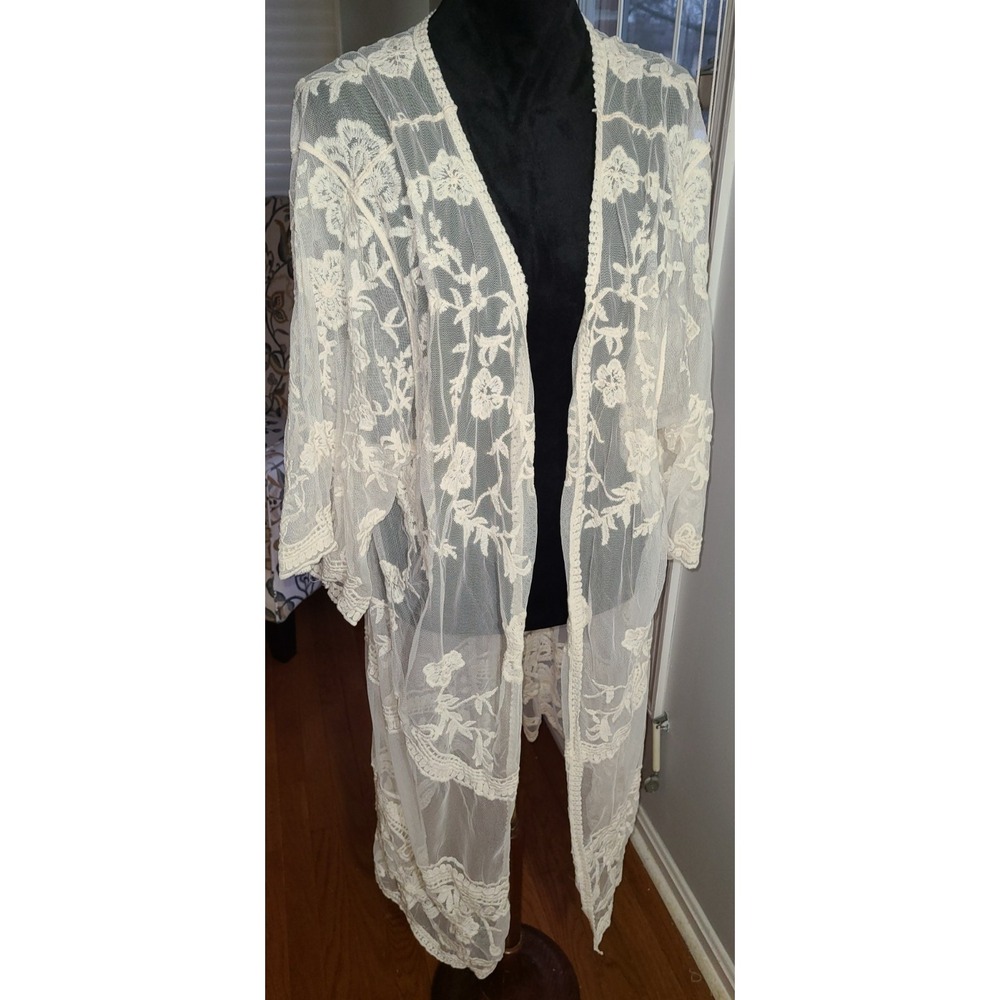 Adiva Ivory Floral Sheer Lace Open Front Kimono Long 2X fairy boho sexy goth